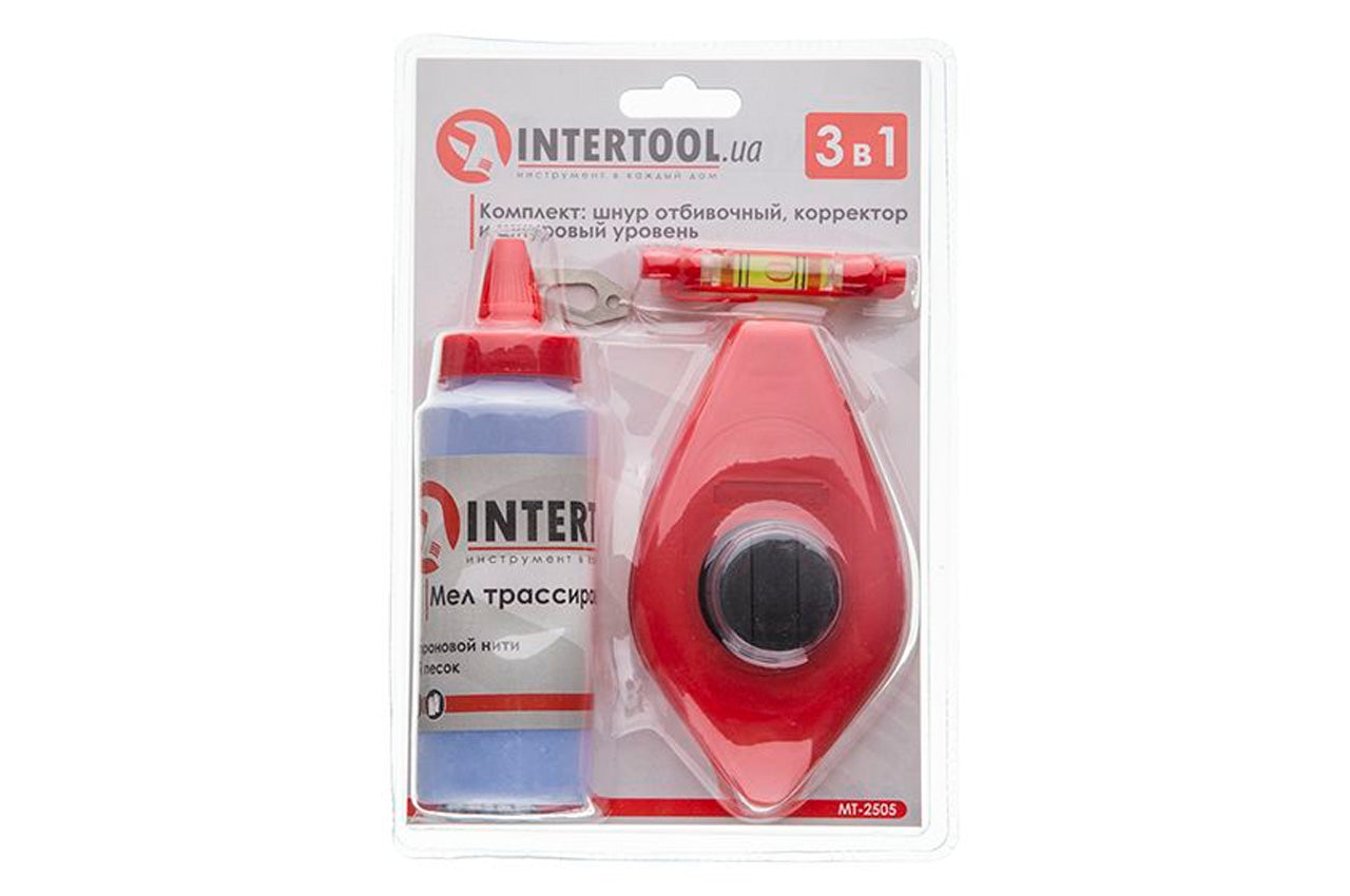 Набор 3-в-1 Intertool - шнур отбивочный, мел и шнуровый уровень