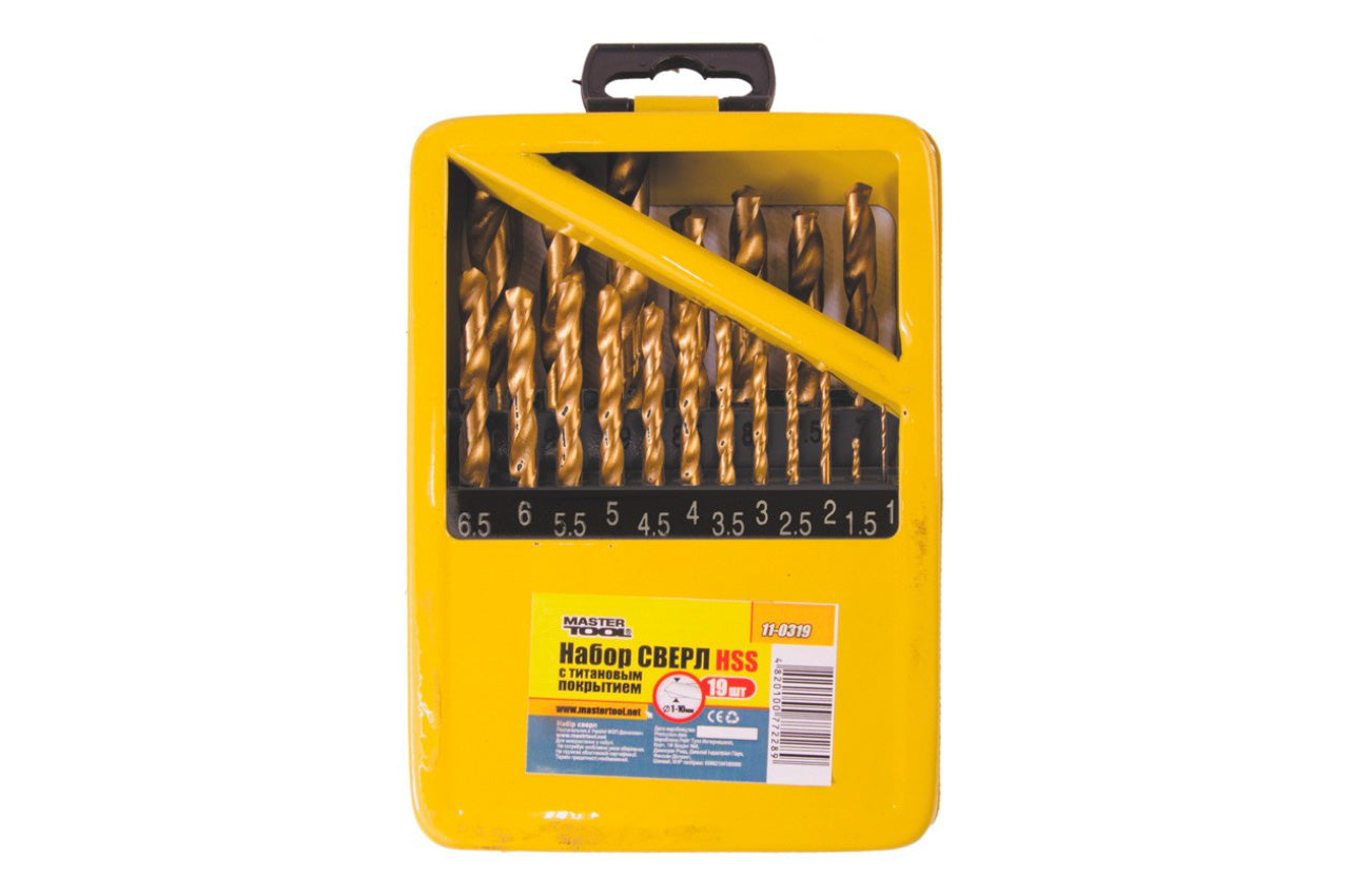 Набор сверл по металлу Mastertool - 19 шт. (1-10 мм), титан бокс