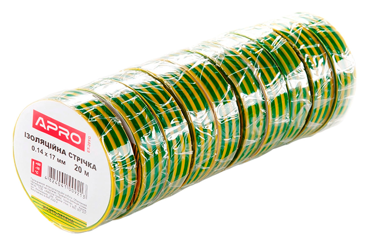 Лента изоляционная Apro - 20 м x 17 x 0,14 мм желто-зеленая