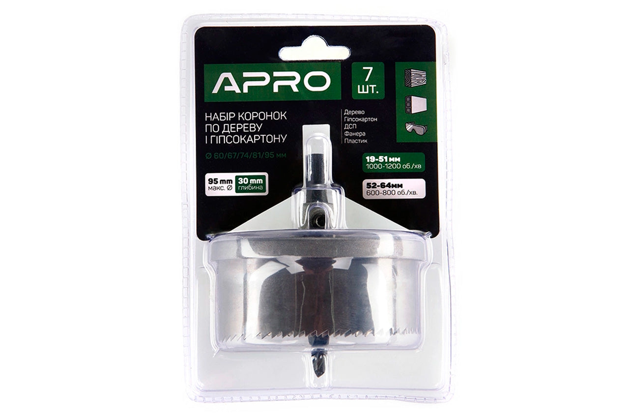 Набор сверл корончатых по гипсокартону Apro - 60-95 x 30мм (5шт)