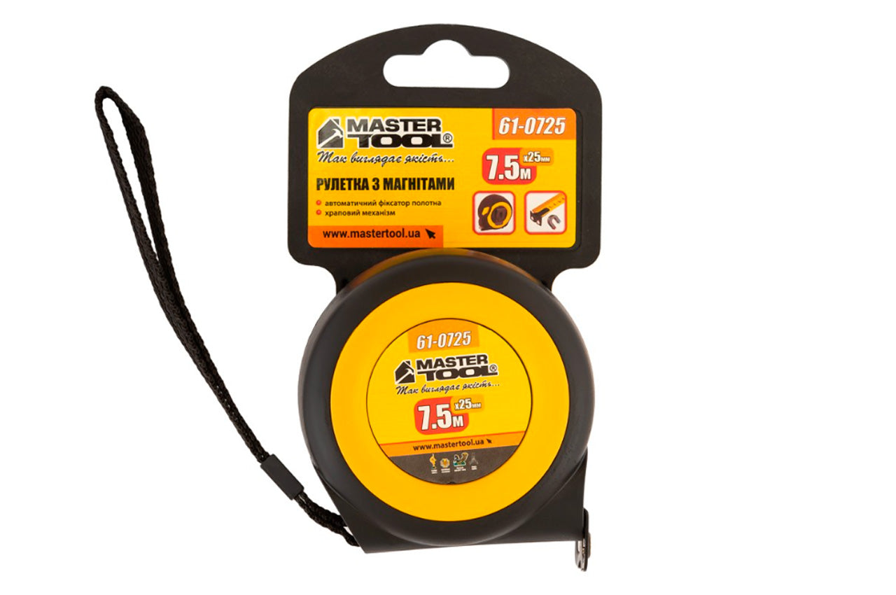 Рулетка Mastertool - 7,5м x 25мм магніт гумова автостоп