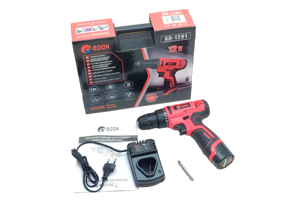 Шуруповерт аккумуляторный Edon - 12В x 1,5Ач Li-Ion