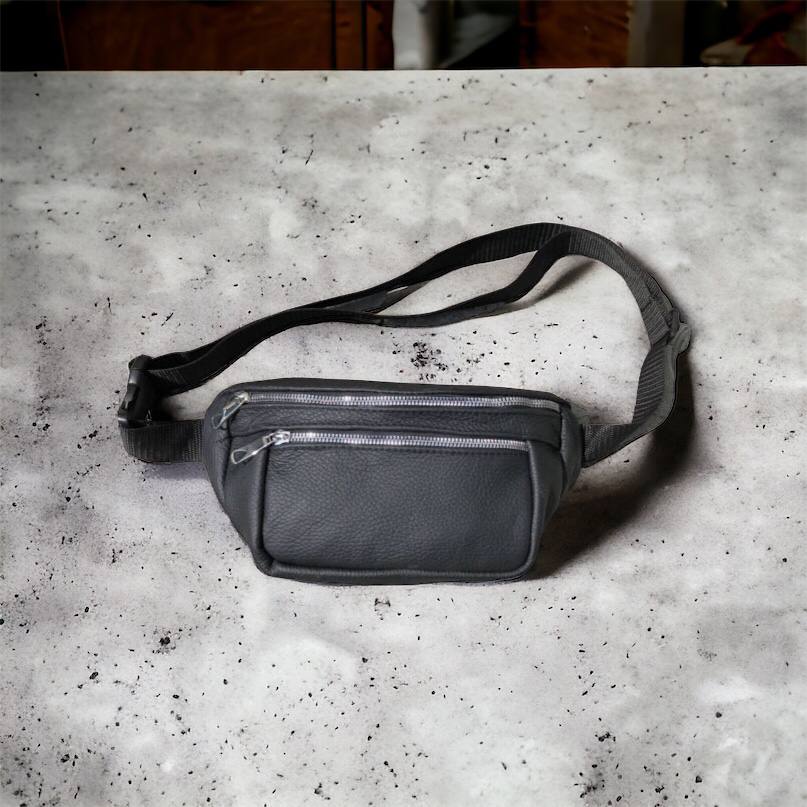 Бананка из натуральной кожи, сумка мужская-женская барсетка черная c серебряным замком