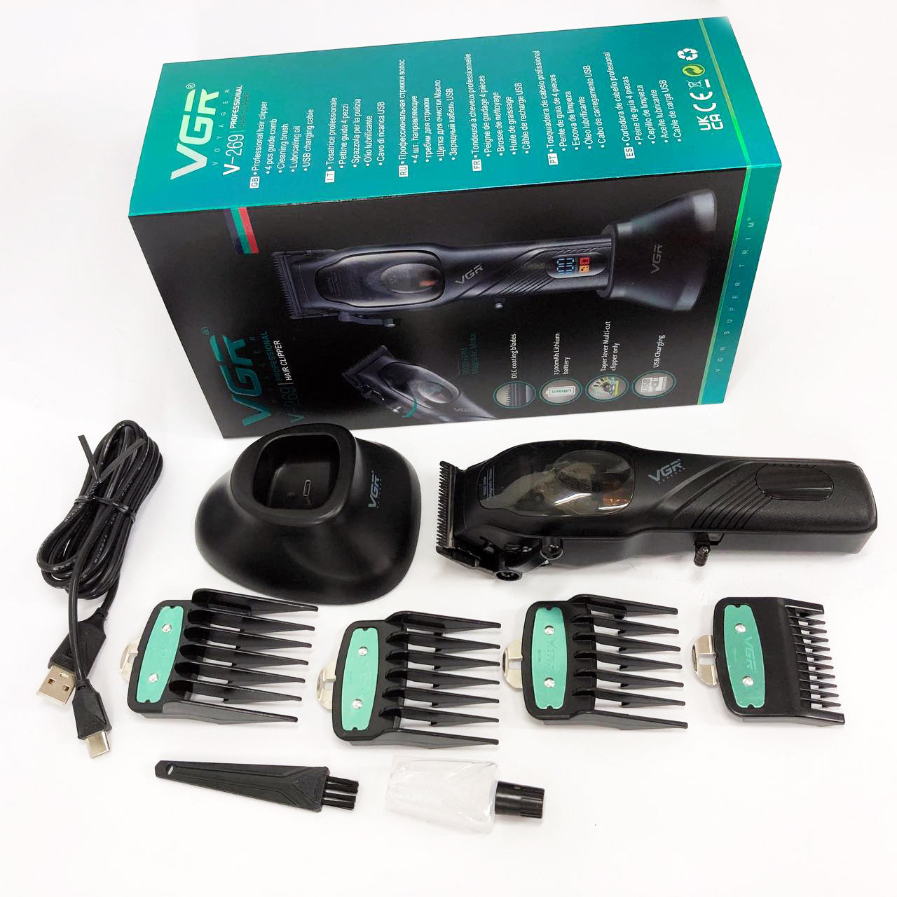 Машинка для стрижки волос VGR V-269 (профессиональная) с дисплеем и 4 насадками, окантовочная машинка