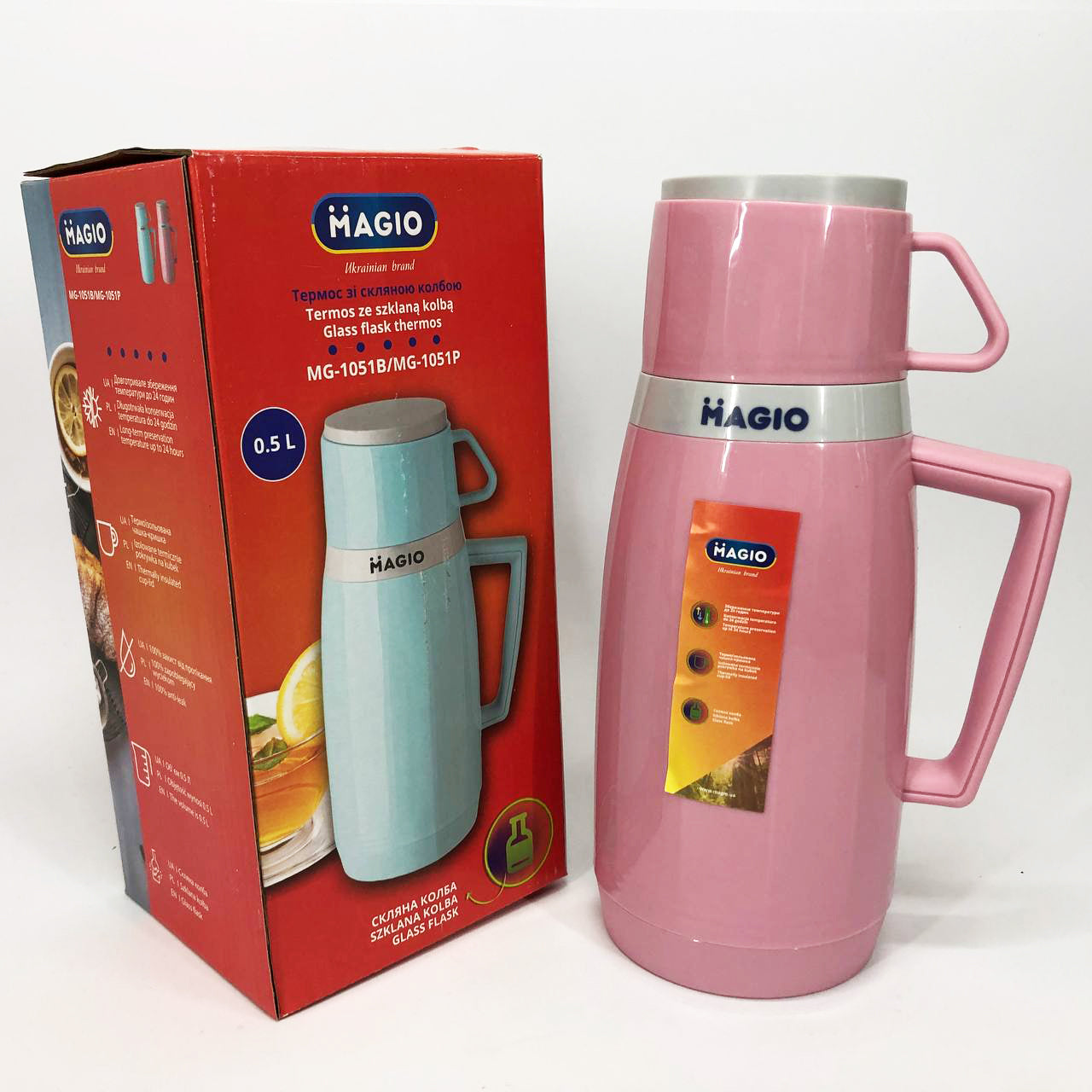 Термос Magio MG-1051P со стеклянной колбой, Термос для питьевой воды, термос для дома. Цвет: розовый