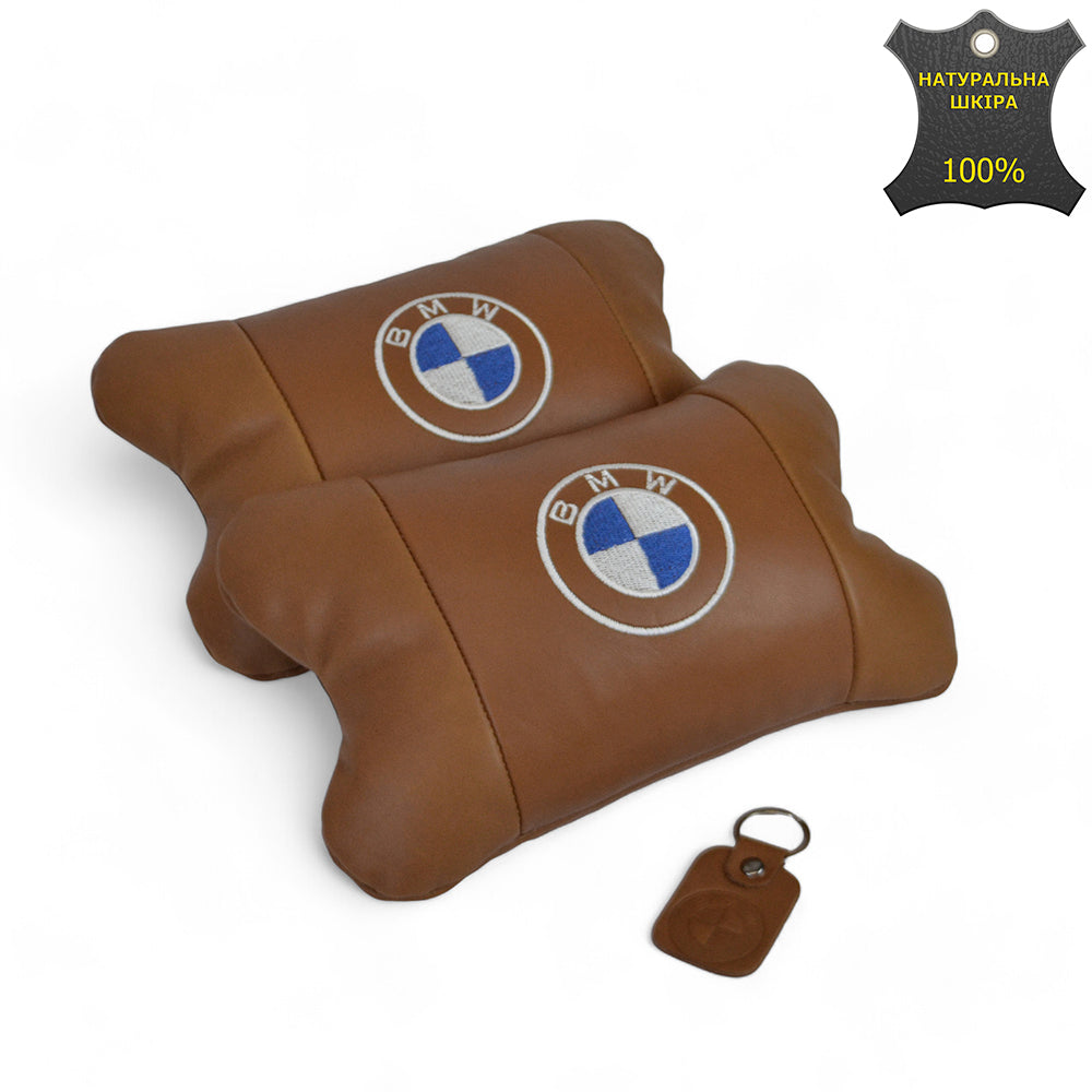 Комплект автоподушек 2шт из натуральной коричневой кожи для BMW. Ортопедическая подушка в авто БМВ