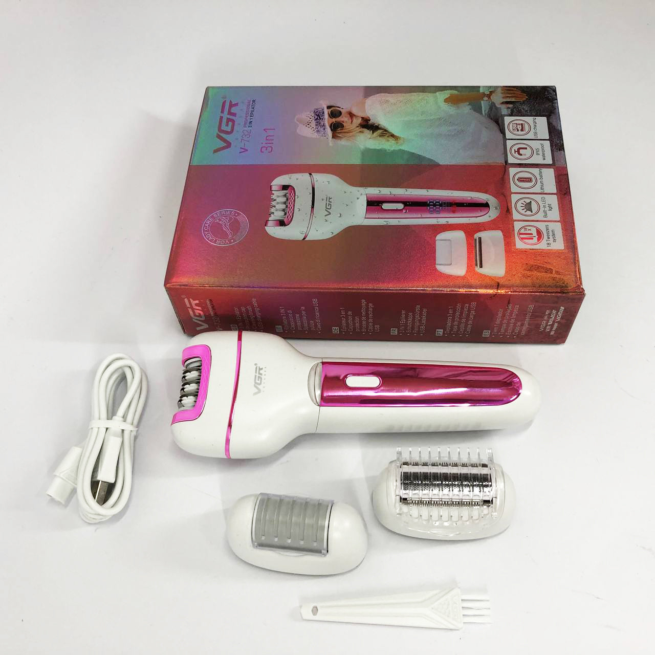 Женский беспроводной эпилятор 3в1 VGR V-732 для ног и зоны бикини с подсветкой и дисплеем. Цвет: розовый