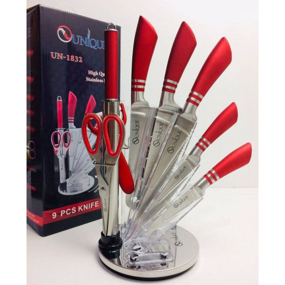 Набор ножей UNIQUE UN-1832 с подставкой 9 предметов овощечистка точилка ножницы Нержавеющая сталь