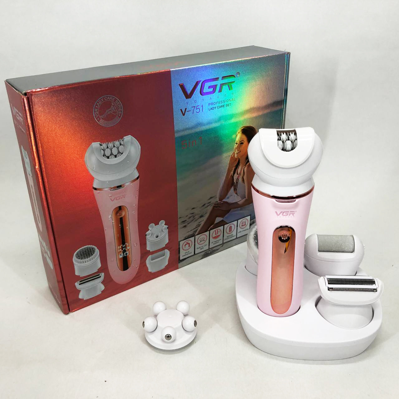 Эпилятор VGR 5 в 1 V-751, 5 насадок. Цвет: розовый