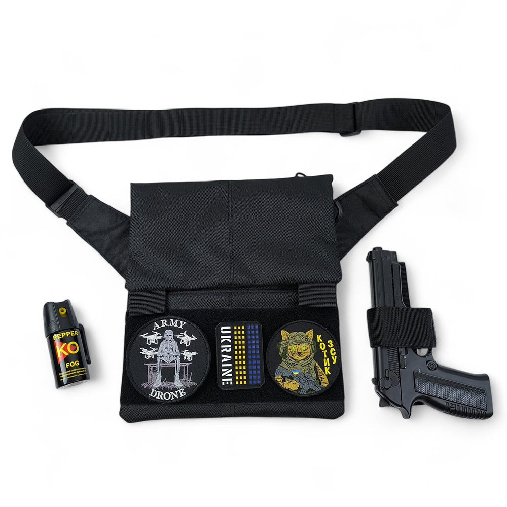 Сумка мессенджер С КОБУРОЙ. Тактическая сумка из ткани, 3 кармана, патч-панель, Cordura