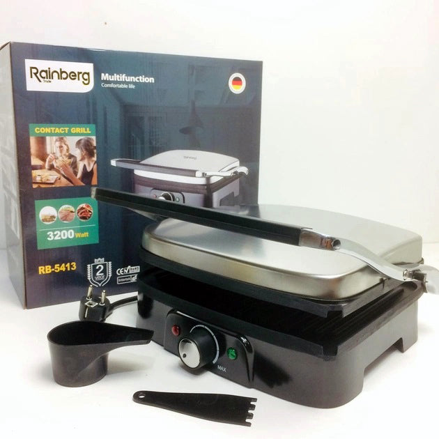 Гриль прижимной Rainberg RB-5413 терморегулятор антипригарный 3200 Вт нержавеющая сталь