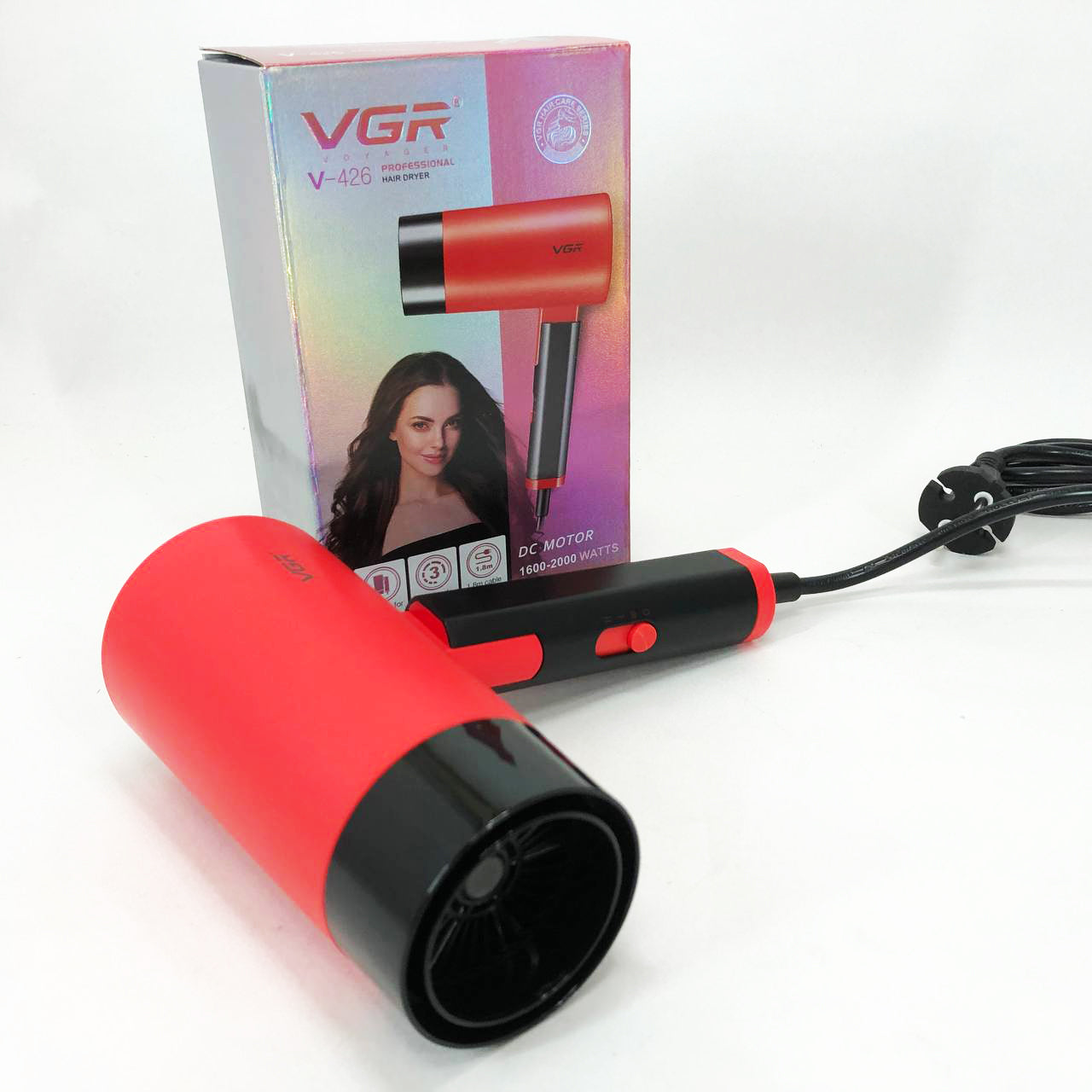 Фен із складною ручкою для волосся VGR V-426 2000Вт, Стильний фен для укладання волосся. Колір: червоний