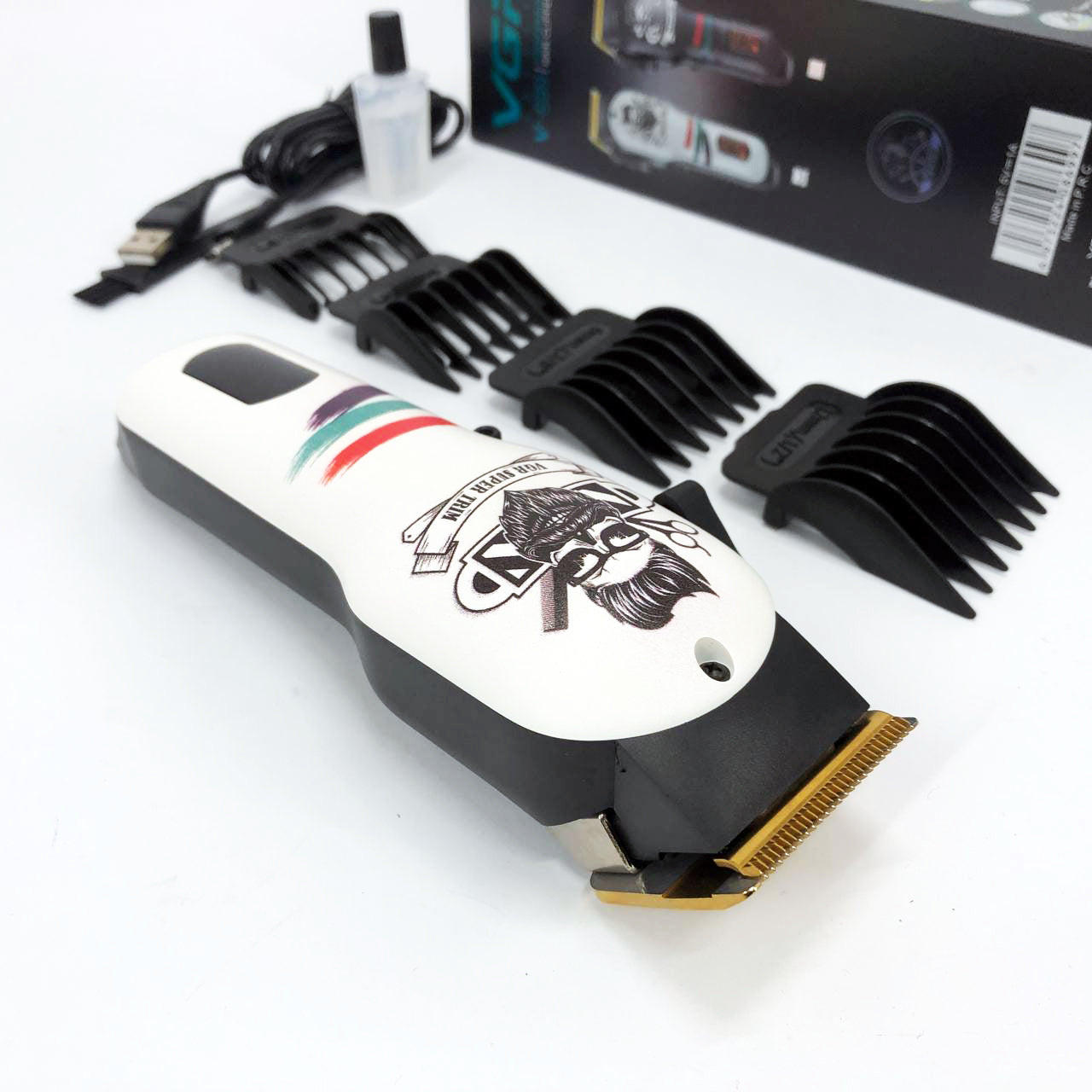 Машинка для стрижки волос и бороды профессиональная VGR V-699 B с насадками и LED дисплеем. Цвет: белый