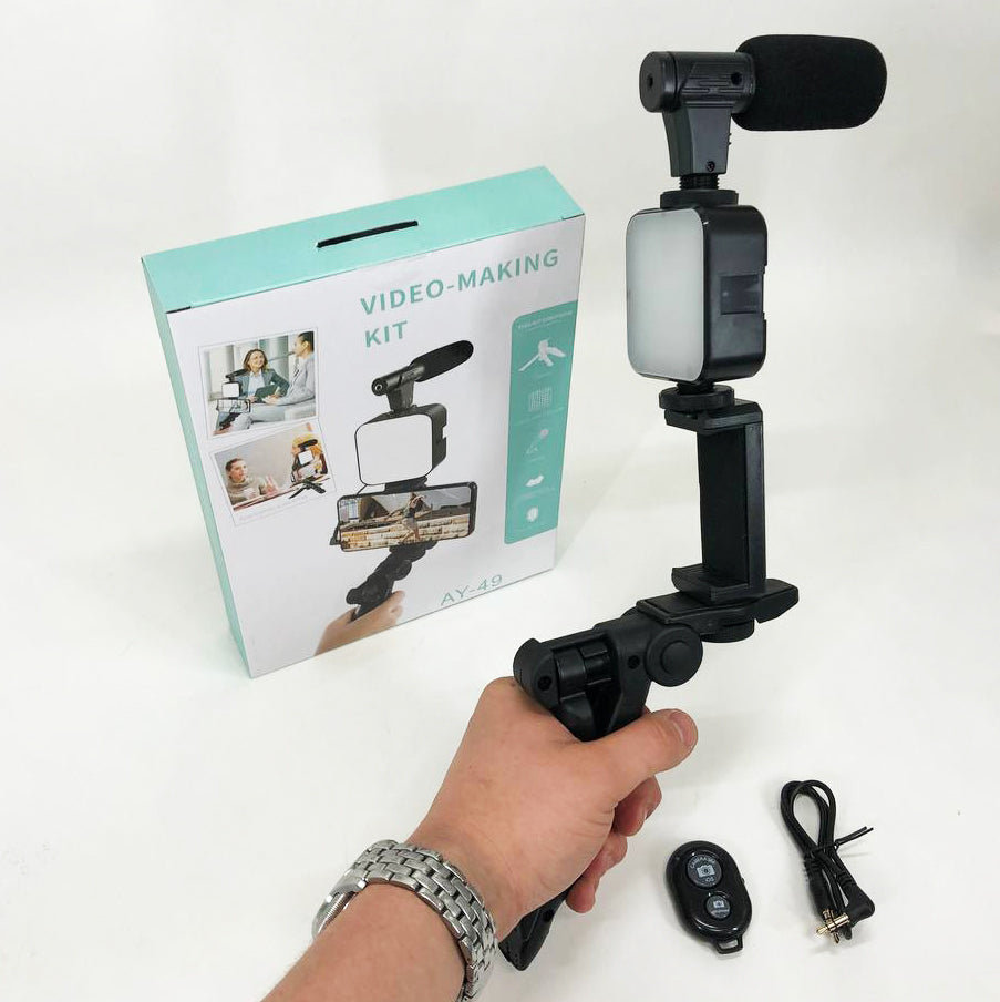 Набор блогера 4в1, тренога для телефона с микрофоном и вспышкой Штатив трипод для селфи и видео