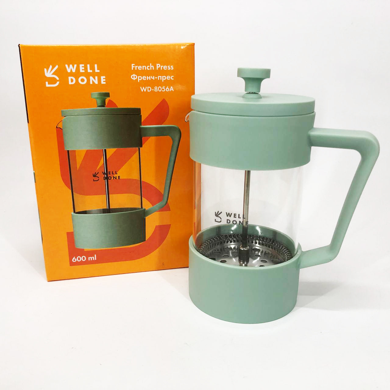 Френч-пресс Well Done WD-8056A 600 мл мятный, Стильный стеклянный заварочный чайник, Френч для чая