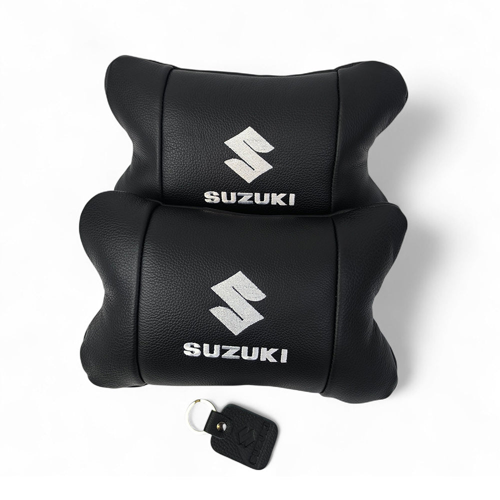 Набор кожаных подушек Suzuki с вышивкой логотипа + брелок в подарок для авто