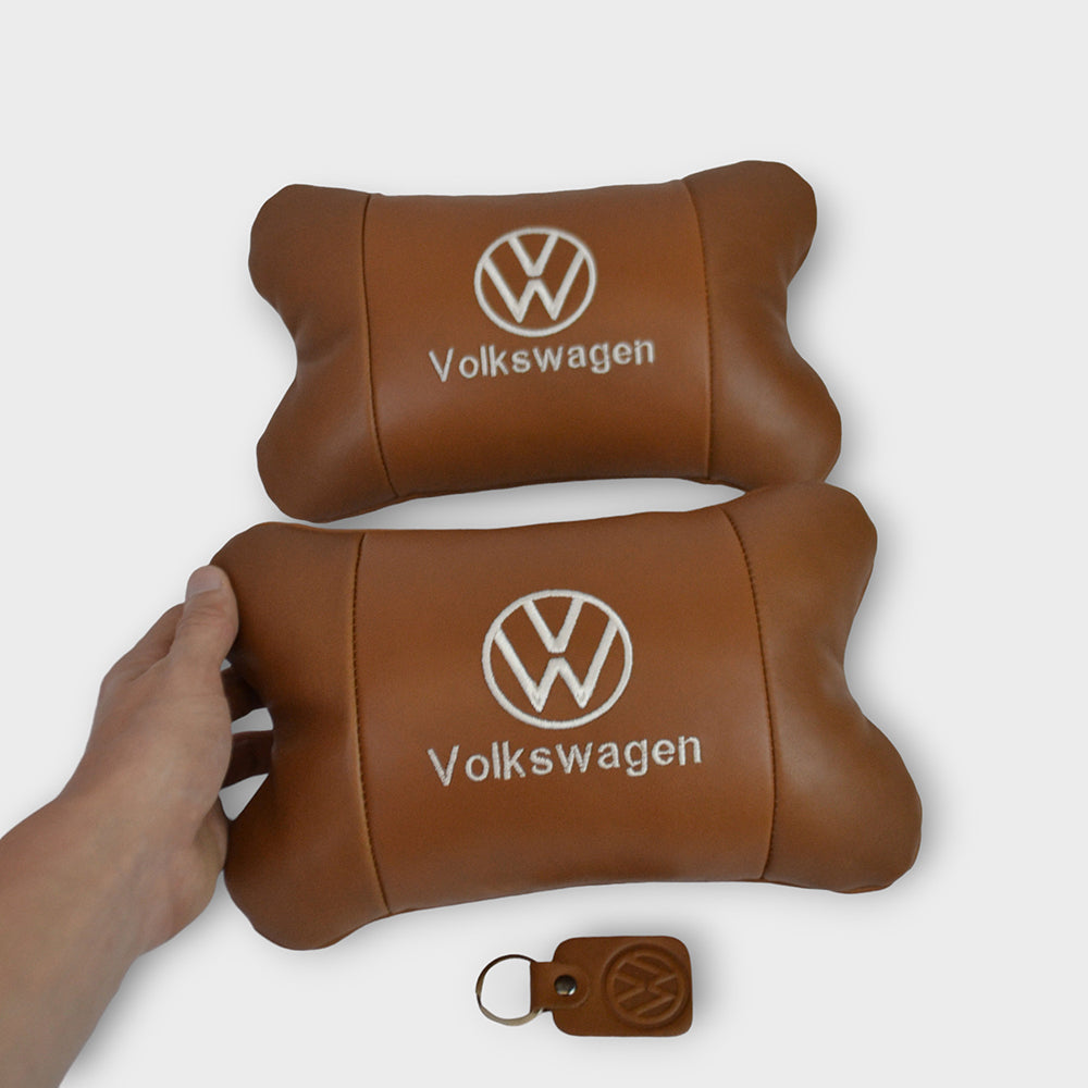 Набор подушек 2шт для автомобиля Volkswagen из натуральной коричневой кожи. Подушки на подголовник