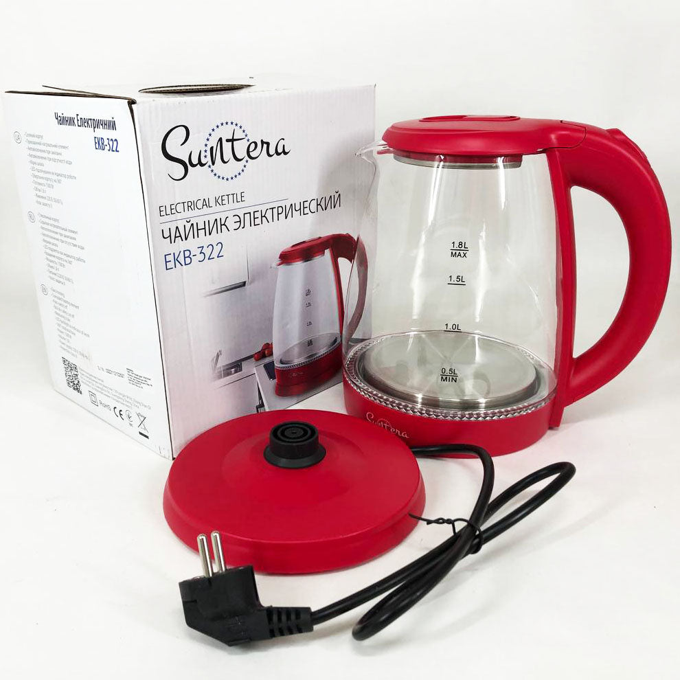 Електрочайник Suntera EKB-322R 1500 Вт, чайники з підсвічуванням, електрочайники з підсвічуванням. Колір: червоний