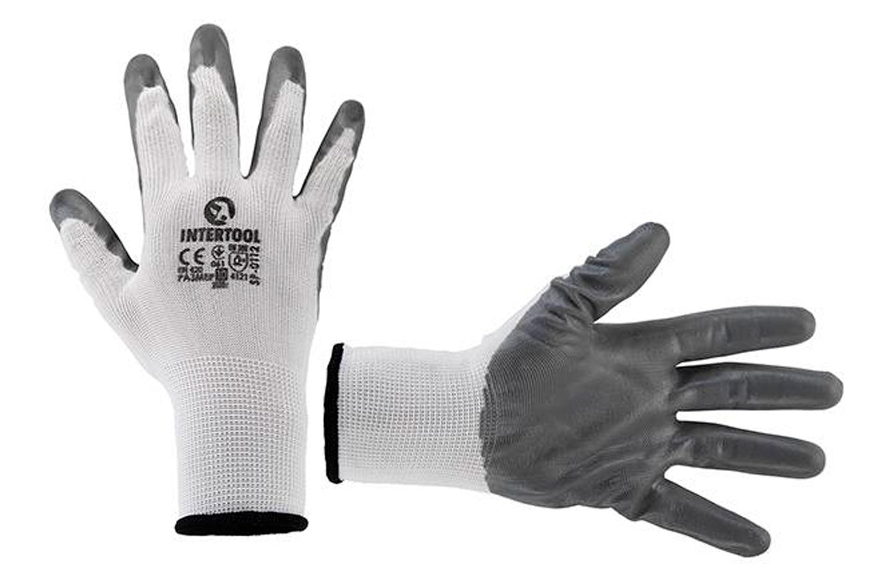 Перчатки Intertool - с нитриловым покрытием 10" (бело-серая)