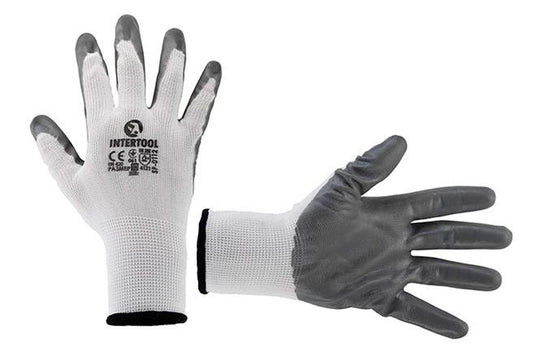 Перчатки Intertool - с нитриловым покрытием 10" (бело-серая)