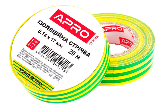Лента изоляционная Apro - 10 м x 17 x 0,14 мм желто-зеленая