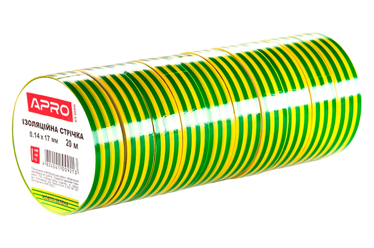 Лента изоляционная Apro - 10 м x 17 x 0,14 мм желто-зеленая