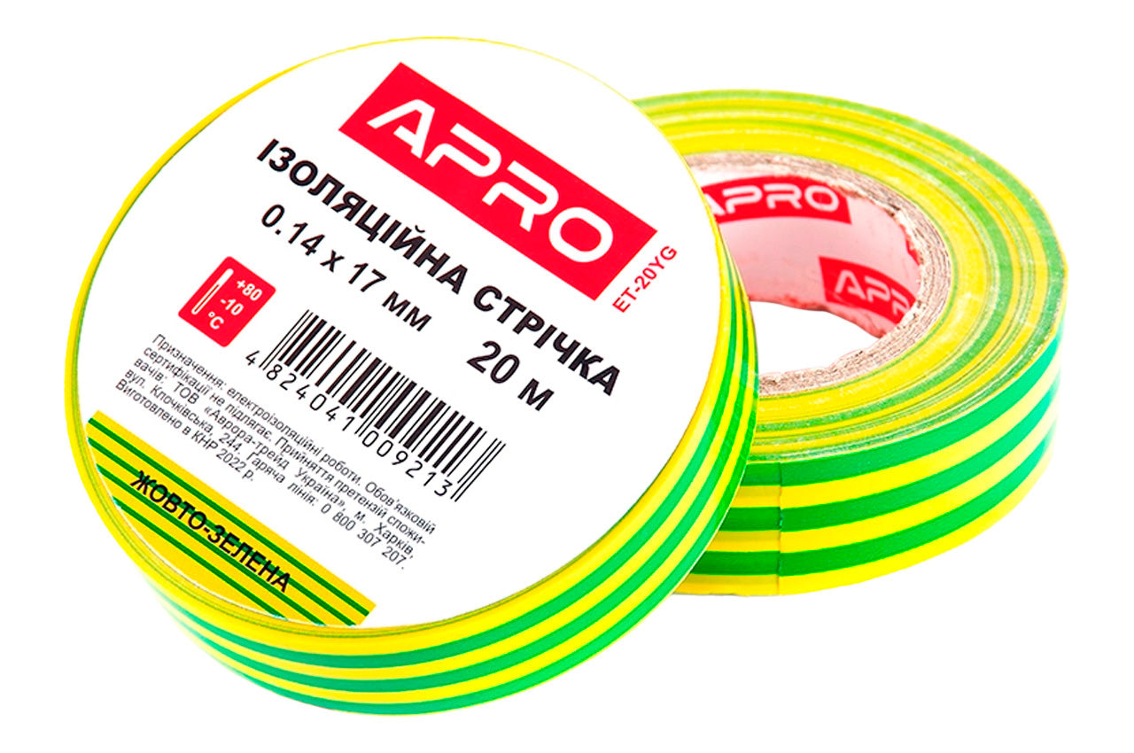 Лента изоляционная Apro - 20 м x 17 x 0,14 мм желто-зеленая