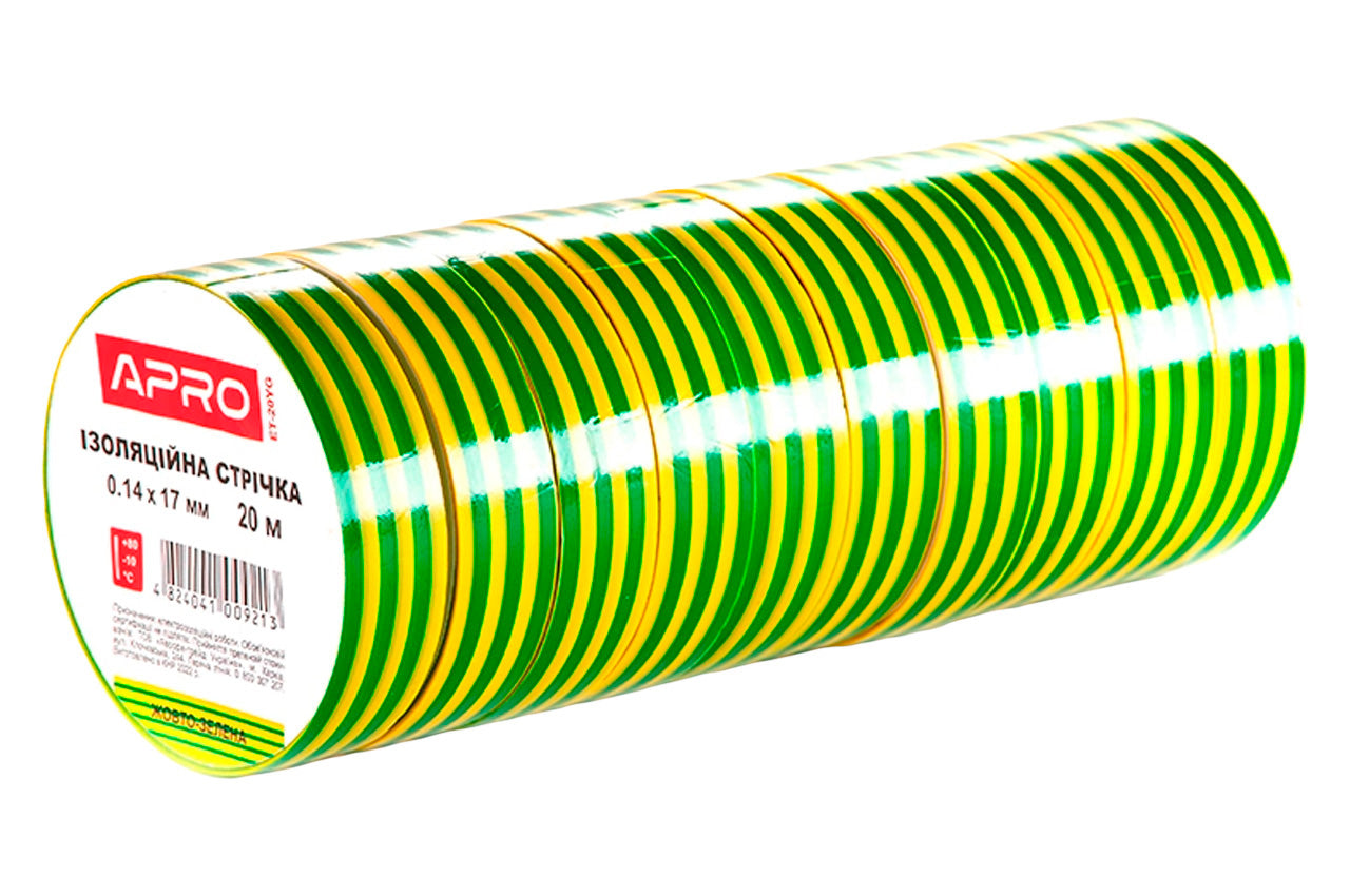 Лента изоляционная Apro - 20 м x 17 x 0,14 мм желто-зеленая