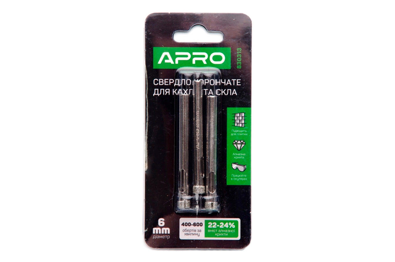 Сверло по стеклу и керамике трубчатое Apro - 6 мм