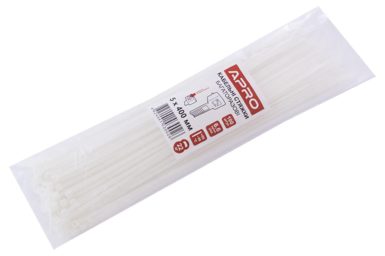 Хомут пластиковый многоразовый Apro - 5 x 400 мм белый (100 шт.)