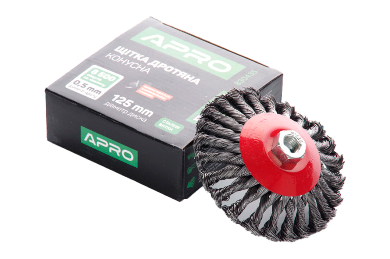 Щетка конусная Apro - 125 мм x М14 плетеная
