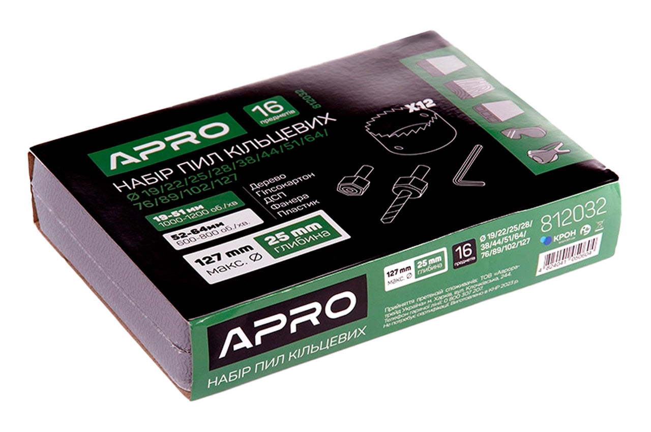 Набор сверл корончатых по дереву Apro - 19-127 x 25мм (12шт)