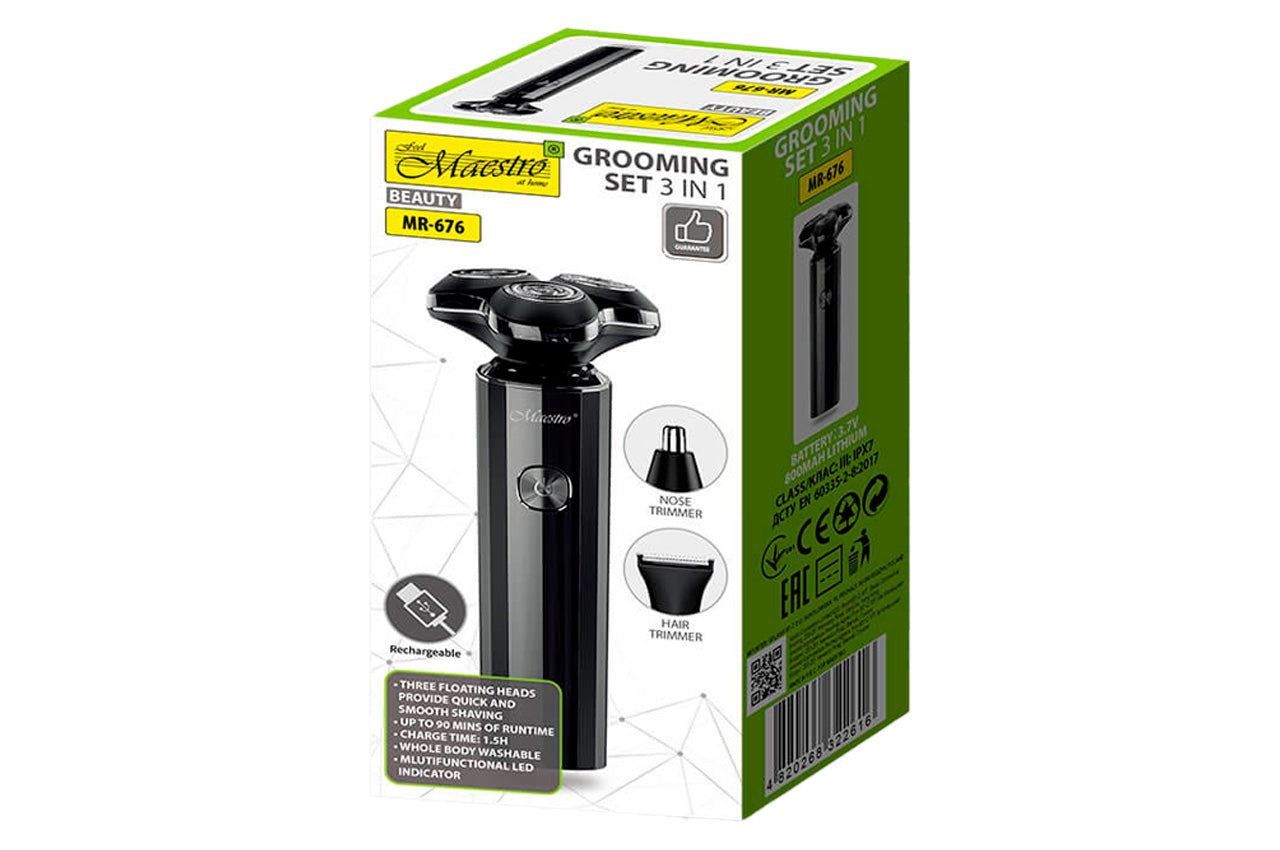 Бритва роторная Maestro - 800мАч x 3 головки x 3 насадки