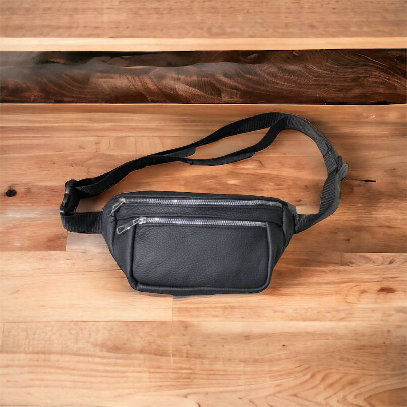 Бананка из натуральной кожи, сумка мужская-женская барсетка черная c серебряным замком