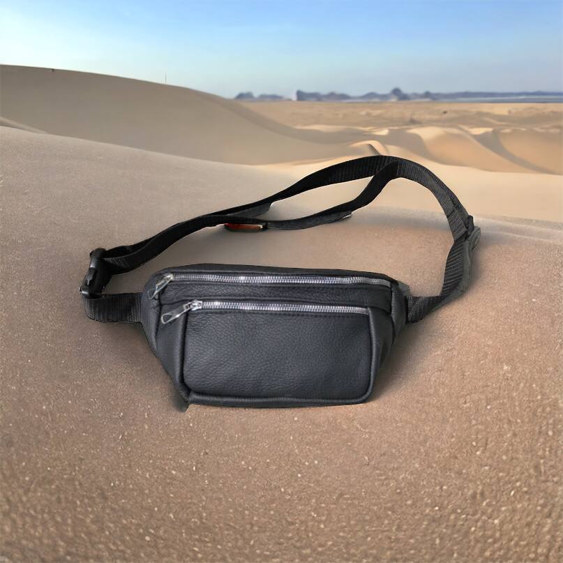 Бананка из натуральной кожи, сумка мужская-женская барсетка черная c серебряным замком