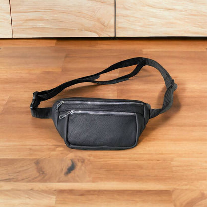 Бананка из натуральной кожи, сумка мужская-женская барсетка черная c серебряным замком