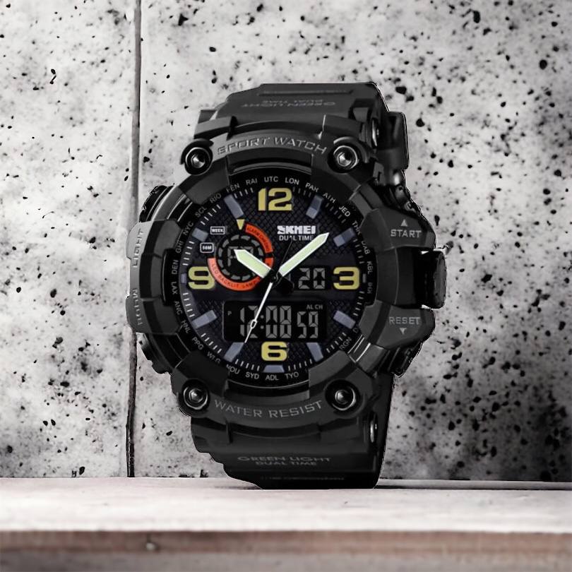 Часы наручные мужские SKMEI 1520BK BLACK, армейские часы противоударные. Цвет: черный