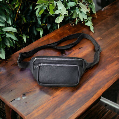 Бананка из натуральной кожи, сумка мужская-женская барсетка черная c серебряным замком