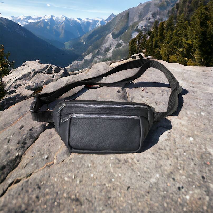 Бананка из натуральной кожи, сумка мужская-женская барсетка черная c серебряным замком