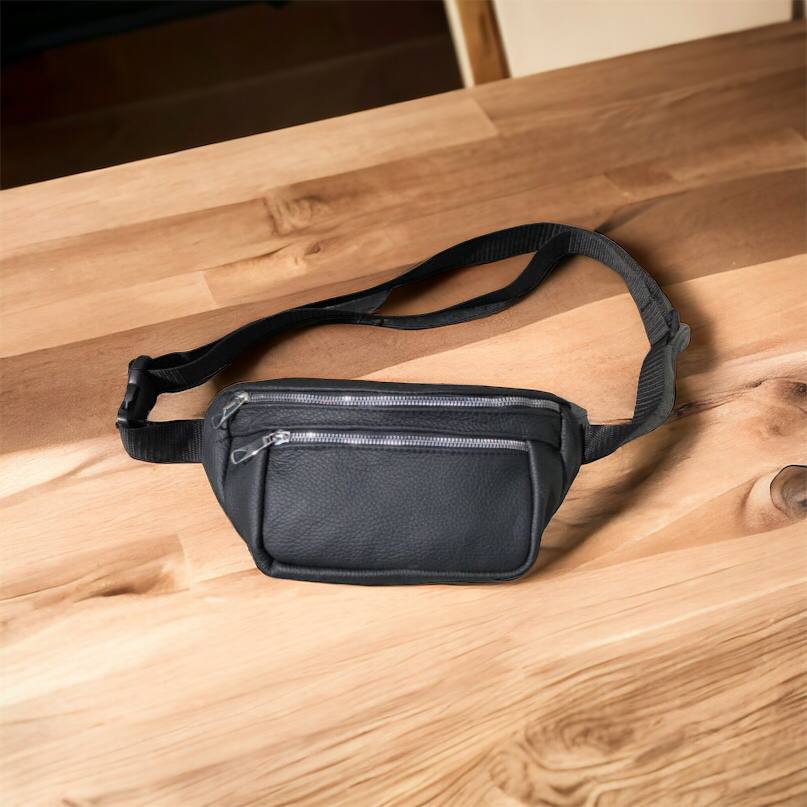 Бананка из натуральной кожи, сумка мужская-женская барсетка черная c серебряным замком