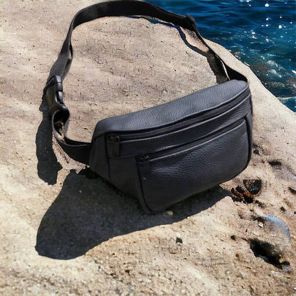 Кожаная качественная бананка мужская - женская сумка, черная сумка из кожи