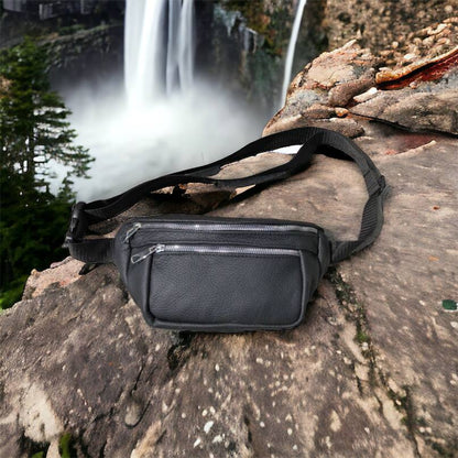 Бананка из натуральной кожи, сумка мужская-женская барсетка черная c серебряным замком