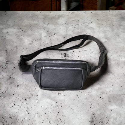 Бананка из натуральной кожи, сумка мужская-женская барсетка черная c серебряным замком