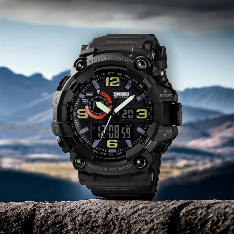 Часы наручные мужские SKMEI 1520BK BLACK, армейские часы противоударные. Цвет: черный