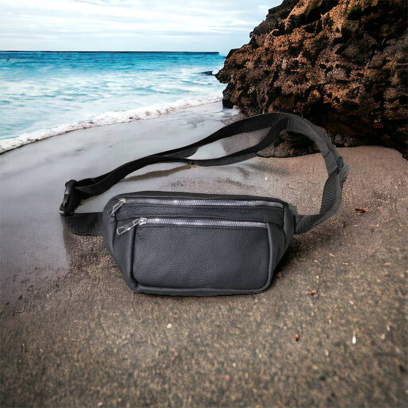 Бананка из натуральной кожи, сумка мужская-женская барсетка черная c серебряным замком