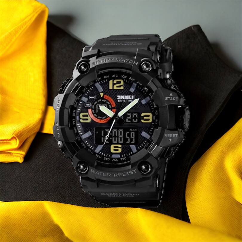 Часы наручные мужские SKMEI 1520BK BLACK, армейские часы противоударные. Цвет: черный