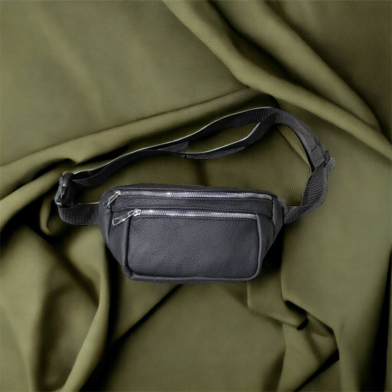 Бананка из натуральной кожи, сумка мужская-женская барсетка черная c серебряным замком