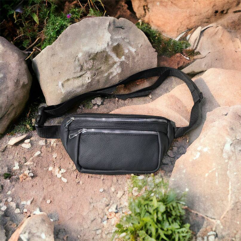 Бананка из натуральной кожи, сумка мужская-женская барсетка черная c серебряным замком