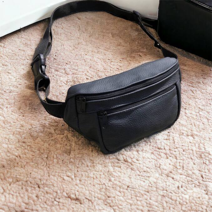 Кожаная качественная бананка мужская - женская сумка, черная сумка из кожи