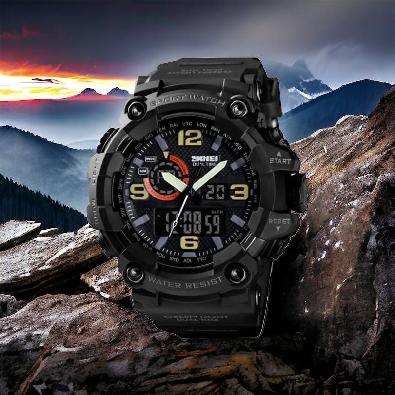 Часы наручные мужские SKMEI 1520BK BLACK, армейские часы противоударные. Цвет: черный